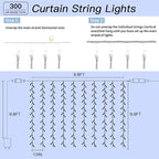 300 LED Curtain String Lights 9.8FT Plug in Fairy Lights with Timer and 8 Modes, Waterproof Window Wall Lights for Bedroom Wedding Party Indoor Outdoor Christmas Decor