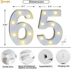 Pooqla Decorative LED Light Up Number Letters, White Plastic Marquee Number Lights Sign for 65th Birthday Party Wedding Decor, Battery Operated (65)