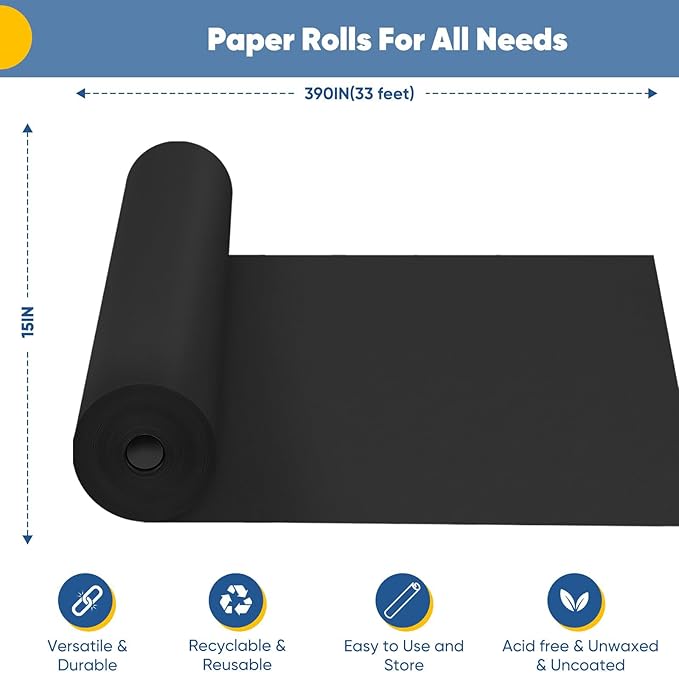 Black Wrapping Paper 15"x390", Wrapping Paper Kraft Paper Roll for Poster Bulletin Board, Art Paper, Poster Easel Drawing Decorative Paper Roll for Birthday, Father’s Day, Birthday, Bouquet Flower