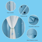 FANLI 2 Panels Star Blackout Curtains for Kid Girls Bedroom Living Room Darking Stripe Double Layer Star Cut Out Wall Home Decor Gradient Grommet Window Curtains (Blue 63L)