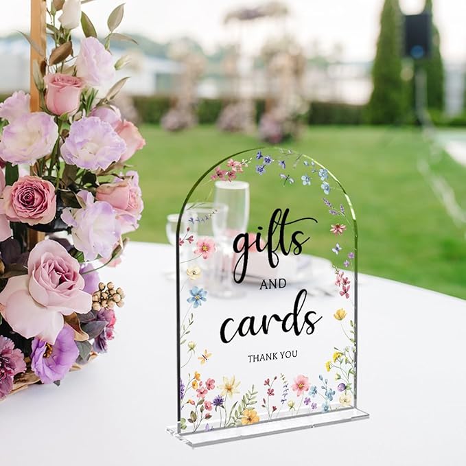 Cards And Gifts Sign, Arch Acrylic Wedding Sign, 5x7 Inch, Wedding Sign Decoration for Wedding Reception & Event Party Table, Bridal Shower Baby Shower Favors for Guests (Flower)
