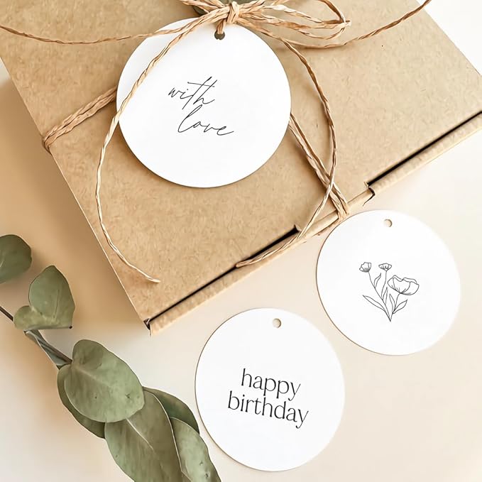 Custom Gift Tags - Personalized Wedding & Birthday Party Favors, Round Kraft Paper Hang Tags with String