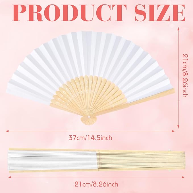 48 Pieces White Hand Held Bamboo Folding Fans Paper Fans Handheld for Women Foldable Girls Wedding Decoration Church Home Party Favors Summer