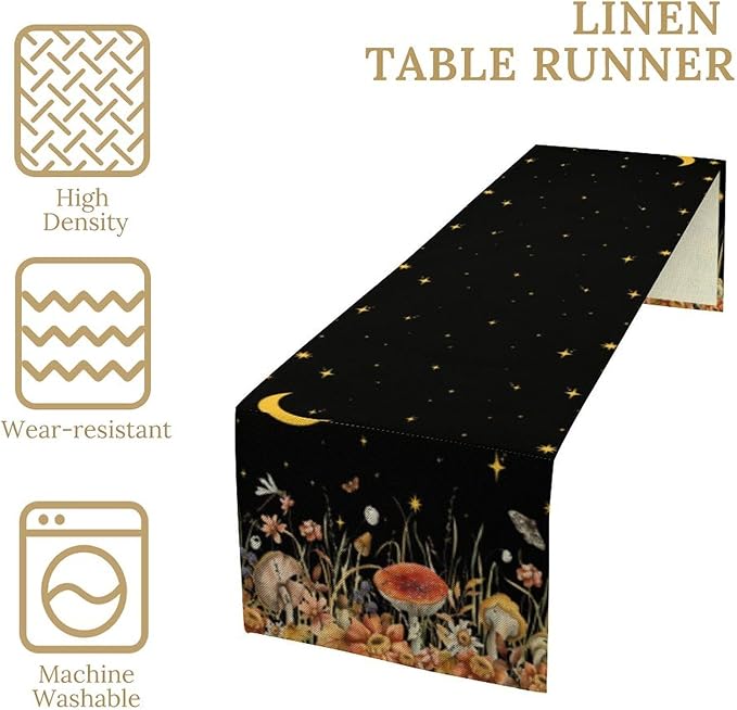 Mushroom Kitchen Table Runner, Gothic Moon Star Plants Witchy Moonlit Flower Butterfly Table Runner for Kitchen Party Living Room Drapes, 13x90 Inch Black