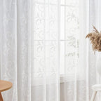 Sheer Curtains White 63 Inch Embroidered Floral, Rod Pocket Voile Drapes for Living room, Bedroom, Vintage Embroidered Semi Crinkle Curtain Panels for Yard, Patio, Villa, Parlor, Set of 2, 52"x 63".