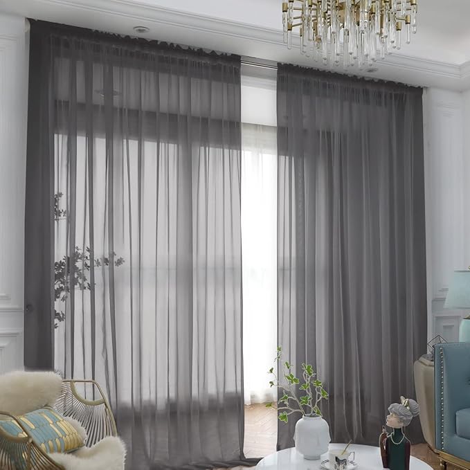 Window Dark Gray Sheer Curtains 108 Inches Long 2 Panels Sheer Curtain Basic Rod Pocket Panel for Bedroom Children Living Room Yard Kitchen (Dark Gray, 52" W x 108" L | 2 pcs)