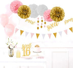 Pink-White Gold Girl Birthday Party-Decorations - 23pcs Kits Tissue Paper Pom Poms Streamers,Princess Banner Flags,Bachelorette Baby Bridal Shower Engagement Decoration Tassel Garland Lasting Surprise