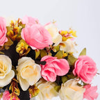 LESING Artificial Fake Flowers with Vase Silk Artificial Roses Wedding Flowers Bouquets Home Office Party Meeting Room Decoration (Pink-1)