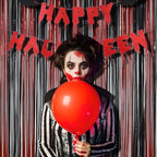 BRAVESHINE Tinsel Photo Backdrop Curtains - 2 Pack 3.2x8.2ft Black Red Foil Fringe Streamer Curtain for Halloweens, Lantern, Pumpkin, Home, Indoor or Outdoor Party Supplies Decorations