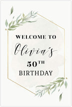 Andaz Press Personalized Extra Large Birthday Easel Board Party Sign, 12x18-inch, Modern Black, Gold with Green Leaves Florals, Welcome to Olivia's 50th Birthday, 1-Pack, Custom Name Age
