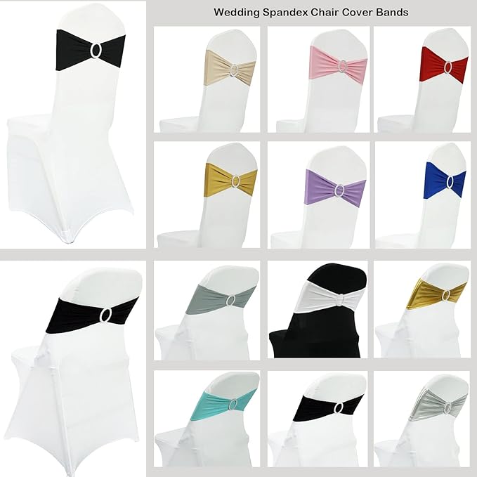 Spandex Chair Sashes Bands 50PCS Stretch Chair Ties Bows with Buckle Slider for Wedding Party Banquet Decoration (White)…