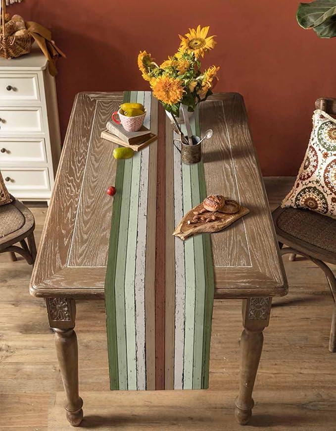Sage Green Wooden Cotton Linen Table Runner for Dining Kitchen, Wedding Outdoor Party Tablerunners Decoration, Vintage Country Retro Distressed Grain Dresser Scarf Coffee Tablecloth Runners 13''x108''
