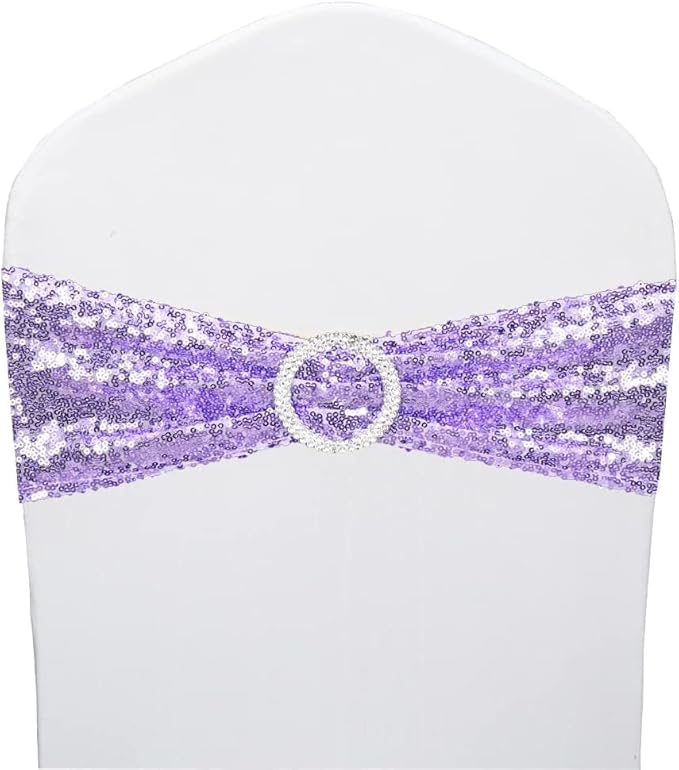 50 Pcs Sequin Chair Sashes Stretch Chair Bands Spandex Polyester Bows for Party Hotel Wedding Banquets Decoration - Lavender
