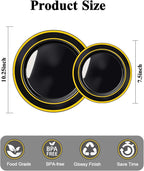 200PCS Black Plastic Plates Set with Gold Rim, 100 10.25 inch Dinner Plates and 100 7.5 inch Dessert Plates, Premium Disposable Plates forfor Party, Wedding, Holiday,And Halloween