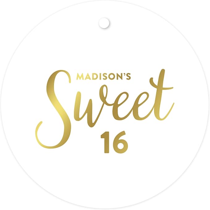 Andaz Press Personalized Round Circle Birthday Gift Tags, Metallic Gold Ink, Sweet 16 Birthday, 24-Pack, Custom Made Name, Not Gold Foil