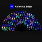 UV Glow Rave Fan, Bamboo Folding Clack Hand Fan for Men Women (Cute Cat, Large 13")