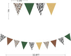 32Ft Jungle Safari Party Decorations Sage Green Brown Wild Animal Leopard Zebra Print Triangle Flag Fabric Banner Pennant Garland Streamers for Cheetah Birthday Baby Shower Party Decor Supplies