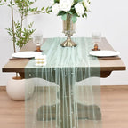Joanlody Fall Pearl Table Runner 10ft Rustic Boho Tulle Table Runner with Pearls for Baby Shower Wedding Party Veil Dessert Thanksgiving Table Decor Sage Green 4pcs