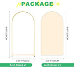 Metal Arch Backdrop Stand and Cover Set, 6.6FT Beige Reusable Spandex Fitted Backdrop Cover and Gold Wedding Arch Frame for Baby Shower, Birthday, Parties Decoration.