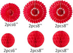 12pcs 6'' 8'' Red Honeycomb Balls Tissue Paper Fans Party Honeycomb Ball Fans Wall Decor Tissue Pom Poms Flower Balls Hanging Paper Fans for Party Baby Shower Birthday Wedding Nursery Decor(red kit)