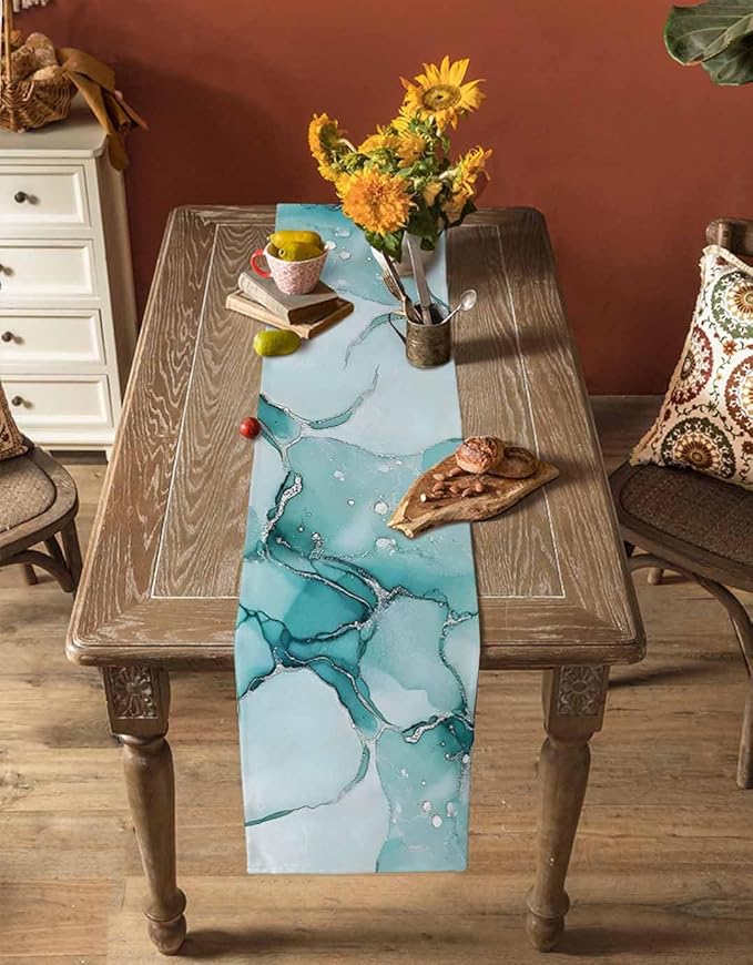 Turquoise Marble Cotton Linen Table Runner for Dining Kitchen, Wedding Outdoor Party Tablerunners Decoration, Nature Marble Crack Country Retro Dresser Scarf Coffee Tablecloth Runners 13x120 Inches