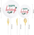 Supernal 150pcs Easter Plastic Dinnerware with Plastic Plates,White and Gold Silverware, Easter Disposable Party Plates with "Happy Holiday" Design for Festival Gatherings