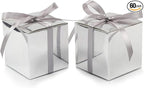 COTOPHER 60pcs Wedding Favor Boxes, Paper Gift Boxes 3x3x3 Inches Small Gift Boxes with Ribbons Small Boxes for Gifts, Crafting, Cupcake, Candy, Bridesmaid Proposal Boxes (Metallic Silver)