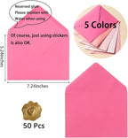 50 Pack Colored A7 Invitation Envelopes 5x7 with Gold Stickers for Cards and Invitations, 5 Colors (Pink, 5 1/4 x 7 1/4 inches)