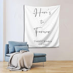 Here's to Forever Rustic Backdrop, Custom Tapestry with Names and Date, Personalized Calligraphy Banner for Ceremony, Reception Backdrop, Wedding Arch