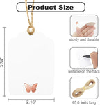 100Pcs Blank Gift Tags with String, Foil Rose Gold Butterfly Large Gift Tags with 65 Ft Jute Twine Cute Tags White Paper Gift Tag for Birthday Baby Shower Wedding Spring Summer Gift Wrap Tag