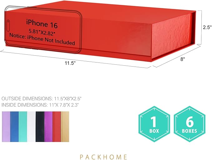 PACKHOME 6 Gift Boxes 11.5x8x2.5 Inches, Sturdy Shirt Boxes with Magnetic Lids for Multiple Occasions (Glossy Red)