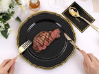 Hioasis 60pcs Black Plastic Plates - Black and Gold Disposable Dinnerware with Gold Rim, Heavy-duty, 7.5 inch, Dessert Plates for Party & Halloween