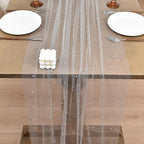 Joanlody Fall Pearl Table Runner 10ft Rustic Boho Tulle Table Runner with Pearls for Baby Shower Wedding Party Veil Dessert Thanksgiving Table Decor Gray