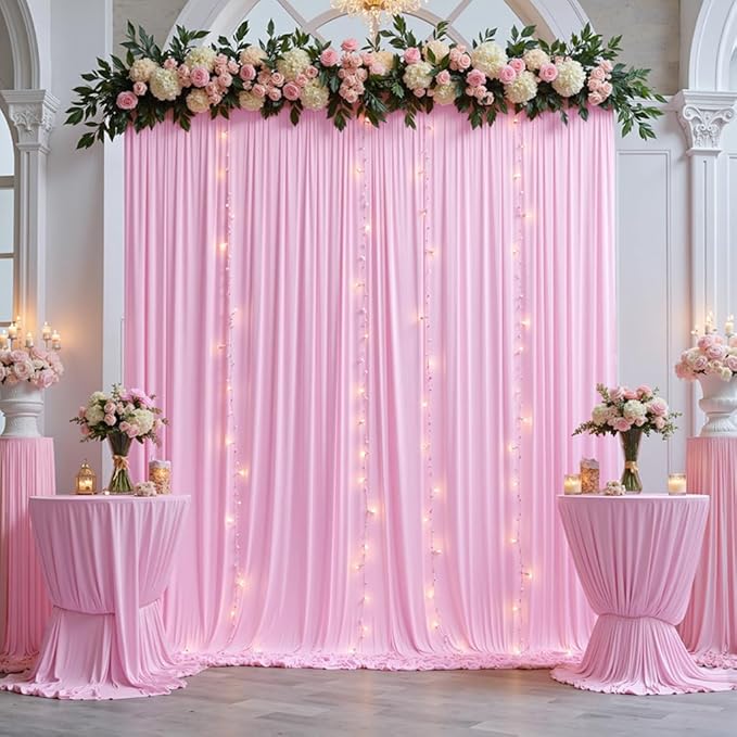 40 ft x 10 ft Wrinkle Free Baby Pink Backdrop Curtain for Parties, 8 Panels 5ftx10ft Polyester Photo Backdrop Drapes for Baby Shower Birthday Party Photography Wedding Backdrop Stand