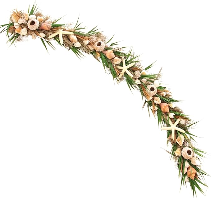 HOLIDAY TREE 5' Shell Arrangement Green Garland - Natural Shells, Green Faux Grass, Resin Starfish, Summer Coastal Decor for Mantel or Home | Premium Coastal Garlands for Decoration.