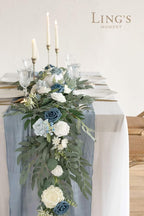 Ling's Moment Flower Garland - 6FT Eucalyptus & Rose - Sweetheart Table Decor for Wedding Reception, Artificial Arch Floral Garland for Mantle, Christmas, Beach Decoration, Dusty Blue & White