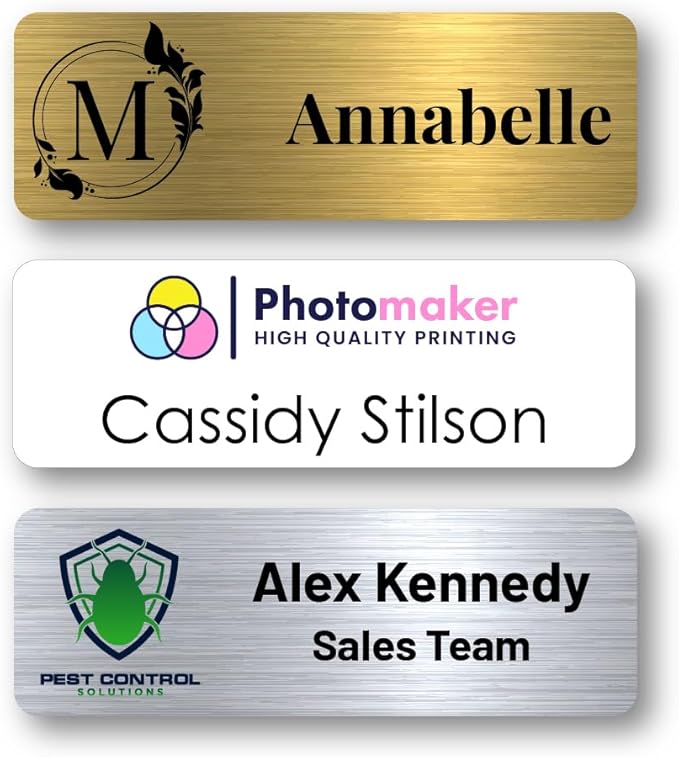 Custom Name Tags - Full Color Logo Name Tags - Scratch Resistant Metal Front & Hard Plastic Back (1x3 Inch, Gold)