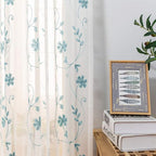 Floral Embroidery Sheer Curtains Blue 63 Inches, Rod Pocket Voile Drapes for Living room, Bedroom, Window Treatments Semi Crinkle Curtain Panels for Yard, Patio, Villa, Parlor, Set of 2, 52"x 63".