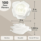 Juvale White Flowers Artificial Roses - Artificial Flowers for Wedding Decor & Centerpiece Table Decorations - 100-Pack, 3 in Diameter, White