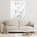 Here's to Forever Rustic Backdrop, Custom Tapestry with Names and Date, Personalized Calligraphy Banner for Ceremony, Reception Backdrop, Wedding Arch