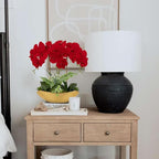 Briful Orchid Artificial Flowers 18in Red Fake Orchid Silk Flowers with Gold Ceramic Vase Faux Phalaenopsis Arrangement for Home Office Room Dining Table Centerpiece Modern Decor