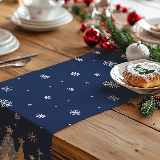 GEEORY Christmas Table Runner 13x48 Inch, Xmas Trees Snowflakes Holiday Decorative Farmhouse Table Decoration for Kitchen Dinning, Indoor Outdoor Dinner Party Decor (Blue) GT151-48