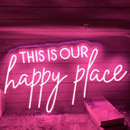 This Is Our Happy Place Neon Sign, Custom Bedroom LED Neon Light Home Bedroom Salon Wall Decor Personalized Gift Wedding Party Decoration USB Size:20x11inch