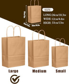 qiqee 100-Packs Brown Paper Gift Bags with Handles Bulk 13"×10.2"×4.7" Large Size Gift Bags Multiple Uses