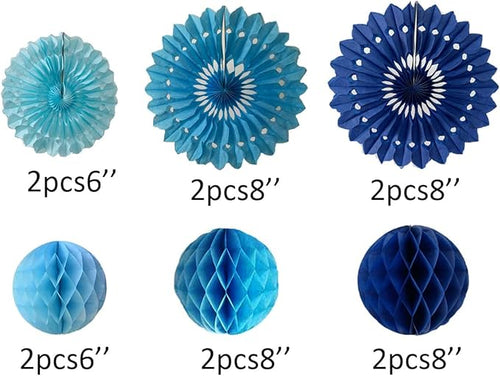 12pcs 6’’ 8’’ Honeycomb Balls Tissue Paper Fans Party Honeycomb Ball Fans Wall Decorations Tissue Pom Poms Flower Balls Hanging Paper Fans for Party Baby Shower Birthday Wedding Nursery(Blue kit)