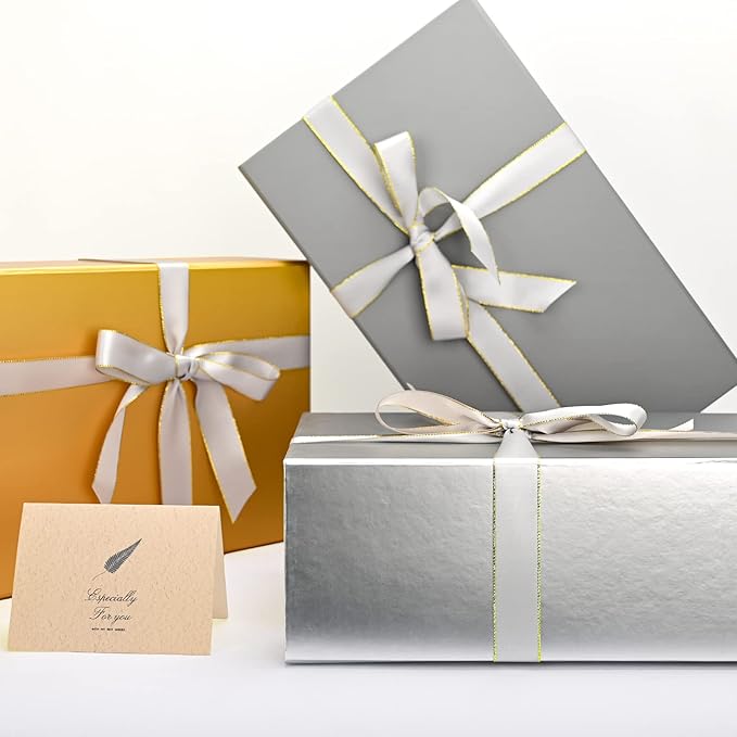 LIFELUM Large Gift Boxes with Lids,2 Pack 13.85 x 8.35 x 4.45 inch Silver Gift Boxes with Ribbon, Card, Shredded Paper Filler Gift Boxes for Presents,Graduation,Christmas,Birthdays