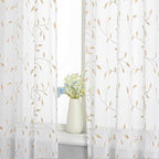 VISIONTEX White Sheer Voile Curtains, Decorative Orange Leaves Embroidery Faux Linen Rod Pocket Window Drapes for Home Kitchen, Living Room and Bedroom 54 x 108 Inch, Set of 2 Curtain Panels