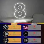 Number 8 Neon Sign for Birthday, 1.38ft Cool White USB Battery Powered Led Neon Sign for Party Wedding Anniversary Decor Light Sign (Number 8)
