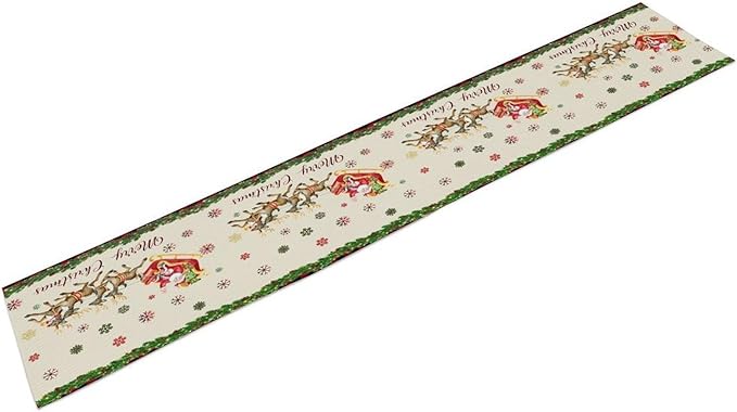 Christmas Table Runner,Xmas Deer Cute Santa Claus Red Plaid Pattern Printed Tablecloth Burlap for Hotel Indoors Outdoor Dining Room Kitchen Home Decor,W13X L70 in