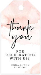 Andaz Press 100-Pack Personalized Thank You for Celebrating with Us Wedding Favor Tags with Bakers Twine Coral Brushed Watercolor Custom Cardstock Wedding Gift Tags for Party Favors 2 x 3.75-Inches